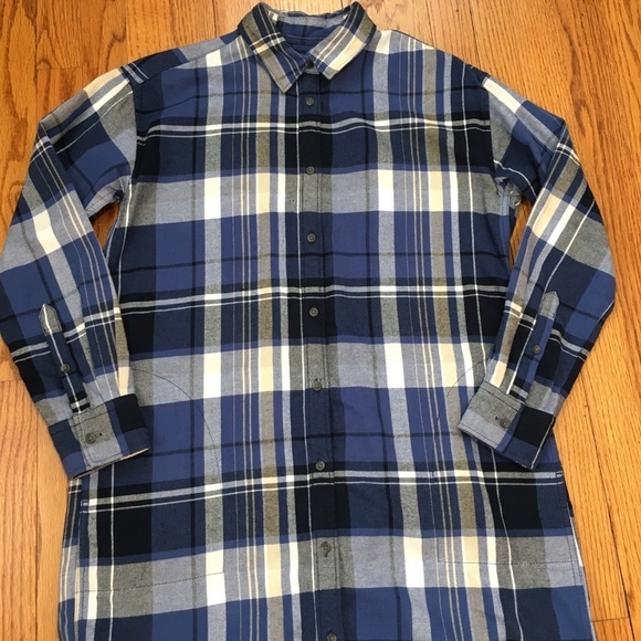 Uniqlo Blue Plaid Flannel Button Up Checked Slouchy Shirtdress - Picture 14 of 16